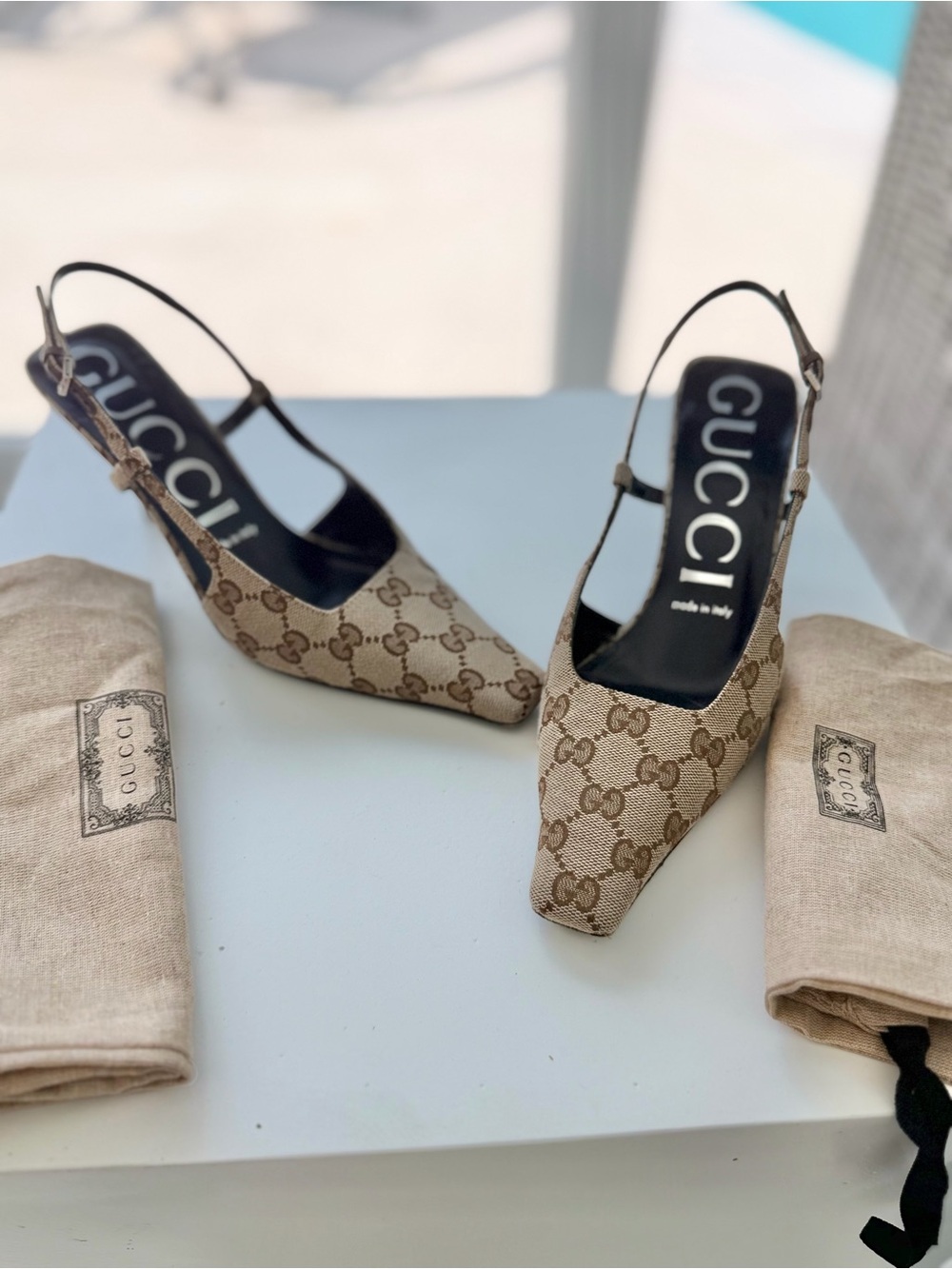 Gucci Aria monogram  Beige GG Canvas Slingback Pumps
